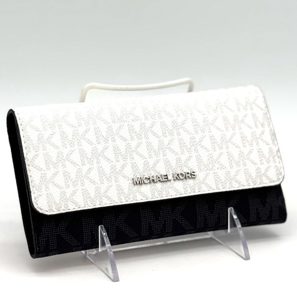 Michael Kors Jet Set Large Signature Logo TriFold Wallet Optic White Multi - Picture 3 of 10